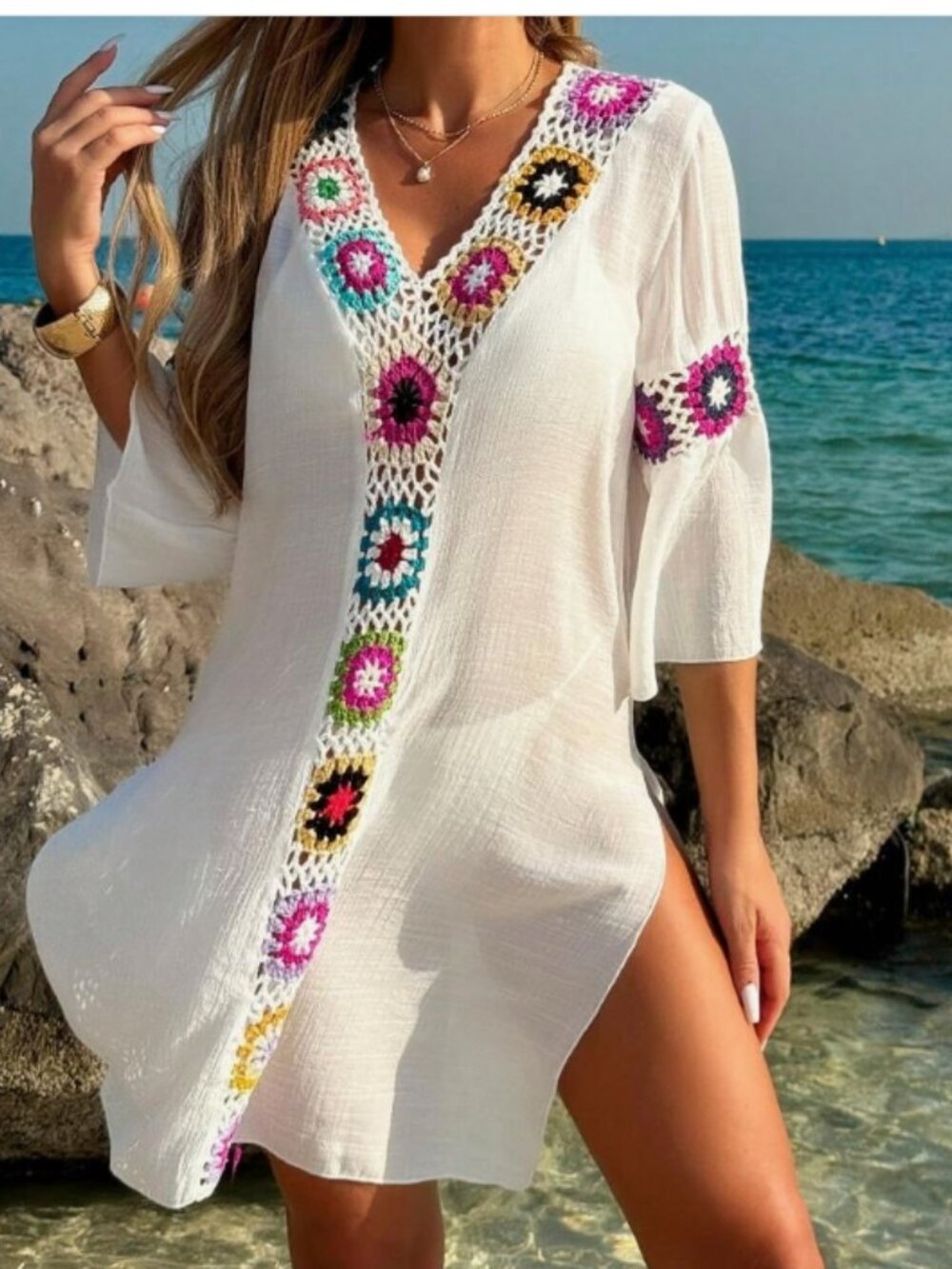 Teal Crochet Beach Swim Coverup Tunic Boho Semi Sheer sz XL/ 12 NEW
